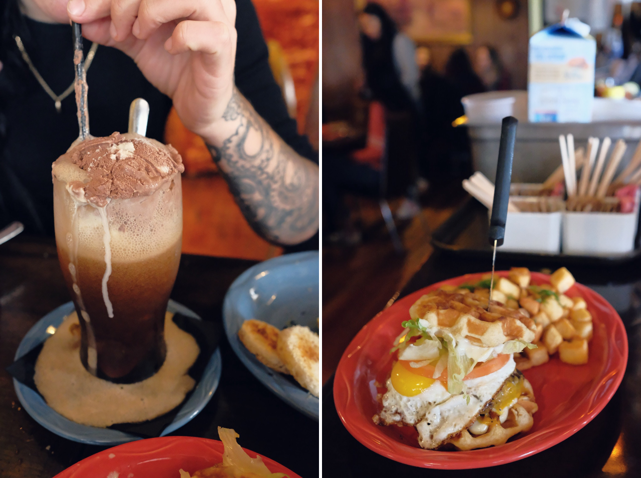 Brunch x Rumpus Room x Main Street x Mount Pleasant.
• Ice cream float with chocolate ice cream and root beer.
• Breakfast waffle burger with caramelized onion aioli, cheddar, sunny egg, and hash browns.