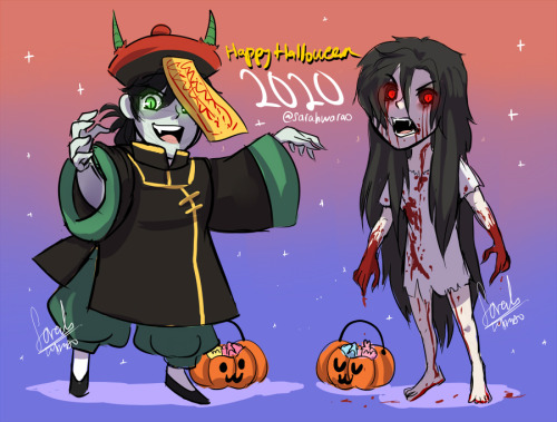 A sketch I did for Halloween 2020 ft. my ocs! Liang/Lord Death as Jiangshi, while Veil as pontianak 