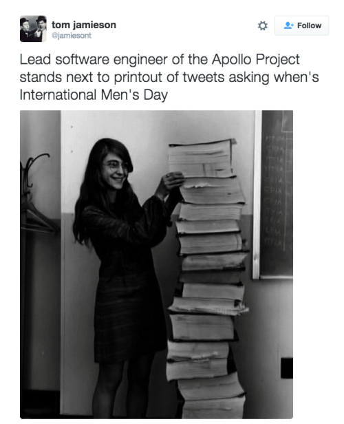 “Lead software engineer of the Apollo Project stands next to printout of tweets asking when&am