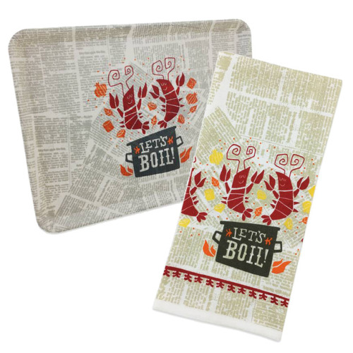 Let&rsquo;s boil! Serving tray and kitchen towel with this awesome #crawfishboil art! Available in s