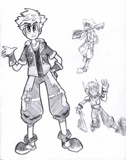 theniftyfox:  Here’s some sketches of Sora in my style, I made up a big hero 6 outfit for him! I picture him in a segment where he’s flying around on Baymax fighting heartless a la the magic carpet in KH 2  This was a request done for @g3latinous​!