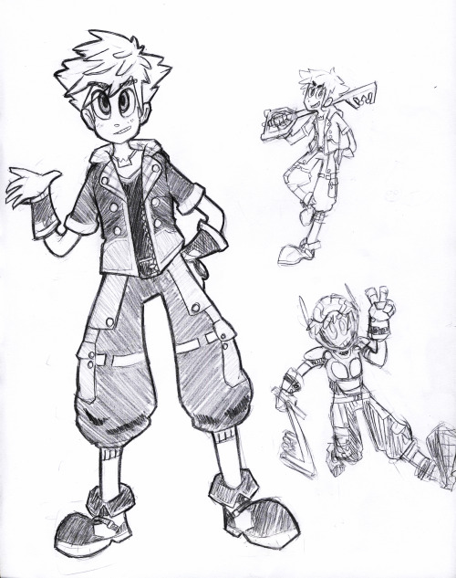 theniftyfox:  Here’s some sketches of Sora in my style, I made up a big hero 6 outfit for him! I picture him in a segment where he’s flying around on Baymax fighting heartless a la the magic carpet in KH 2  This was a request done for @g3latinous​!