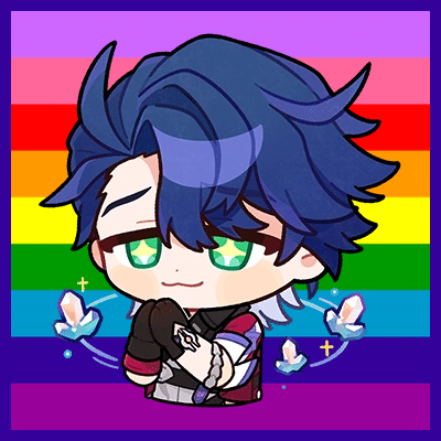 A chibi-style image of the character Sampo from the video game Honkai Star Rail overlaid atop the nine-stripe Gilbert Baker pride flag, with an indigo border.