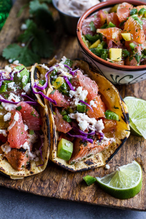 do-not-touch-my-food:  Cuban Fish Tacos with Citrus Mango Slaw and Chipotle Lime Crema   Tacos for taco monster!