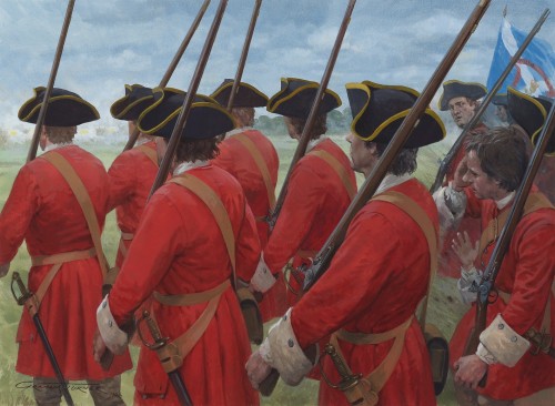 Scottish infantry of the Earl of Orkney’s Royal Regiment advance at the battle of Malplaq