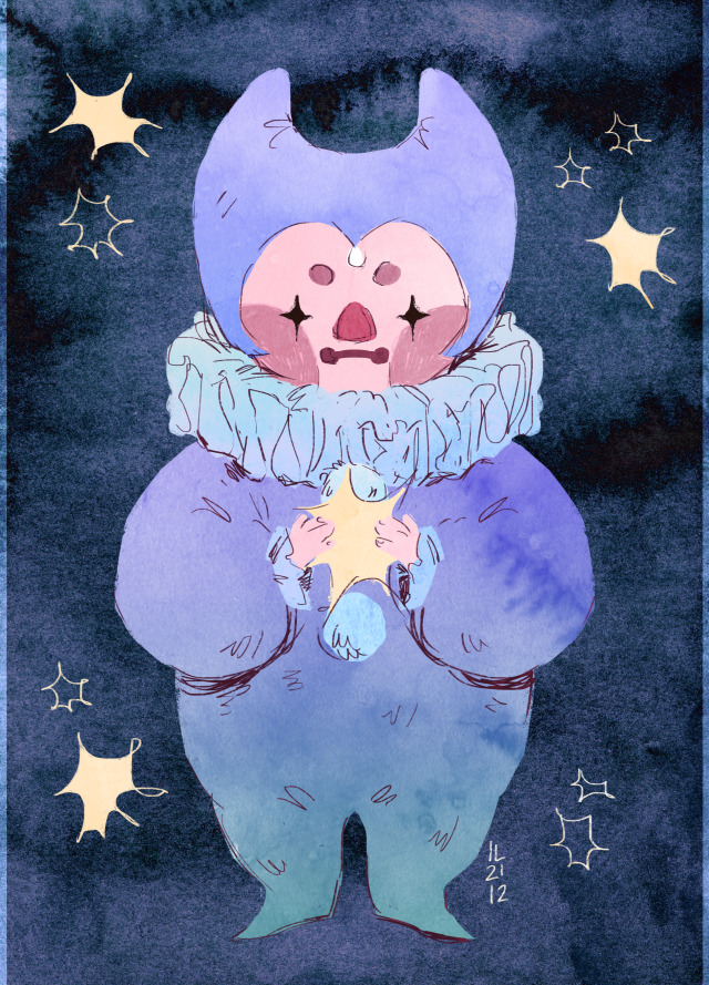 a digital drawing of a very small clown , they are on a dark blue aquarell etxture background, they are wearing a lilac onsie that has two pom-poms on the front, and has a teal tint towards the legs, they are holding an unevenly shaped star in their hands in front of their chest, they are wearing a big ruffler collar, they are frowing and have little star shaped eyes and a round inverted triangle shaped nose, little round eyebrows and big round rosy cheeks, they are wearing a two horned clown cap, it is pale lilac and frames ther face in a sort of heartshape, in the backround there are more skribbly looking pale yellow stars