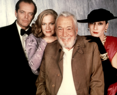 Jack Nicholson, Kathleen Turner, director John Huston and Anjelica Huston for Prizzi&rsquo;s Hon