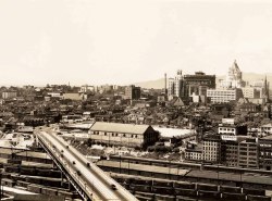 pasttensevancouver:  Old Georgia Viaduct, 1939 Also visible here are the Beatty Street Drill Hall, the Vancouver Block, and the second and third Hotels Vancouver. Full image/hi rez. Source: Photo by Leonard Frank (cropped), Jewish Museum and Archives