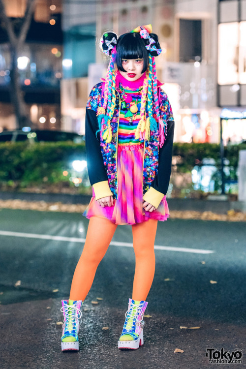 tokyo-fashion:Japanese art student Chami on the street in Harajuku wearing a super colorful kawaii l