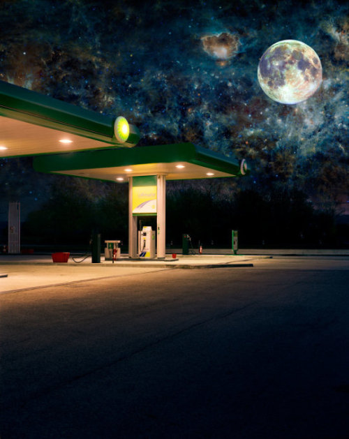 gogirblog:Alain Longeaud - Cosmic Edward Hopper Night Lucsaflex - Gas Station in Edward Hopper Style