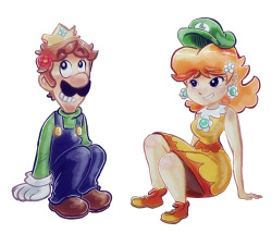 saladturtles:Luigi and Daisy switching their hat and crown. Stickers and tees here.
