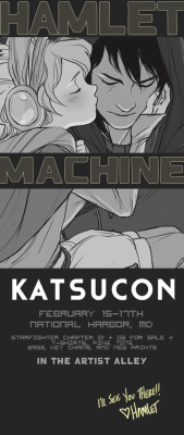 I&rsquo;ll be at KATSUCON Feb. 15th-17th, in MD!More info at the Katsucon site!I&rsquo;m not sure what my table # is yet, but I will definitely be in the AA with my buddies Lochi and Cucoo! Look for Starfighter/Bone Menagerie! 