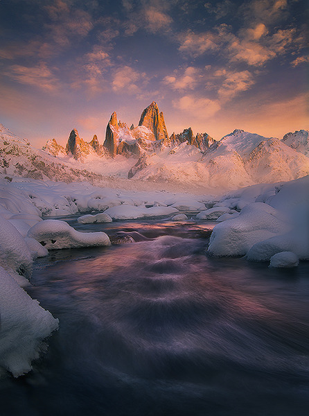 softwaring: Soft moonlight illuminates a clearing Fitz Roy peak in Patagonia and Light reflected in a winter stream beneath Fitz Roy Peak. Marc Adamus 