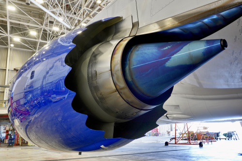 United Airlines Boeing 787 General Electric GenX-1B engine. The blue on the exhaust cone disappears 