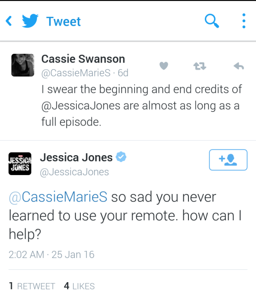 bethanyactually:  jessicajones:piccolina-mina:Whomever runs the Jessica Jones twitter handle is sassy af, and reading it is a religious experience. 😂Drinking + Twitter = this. In between cases, obviously.NEW. FAVORITE. TWITTER.