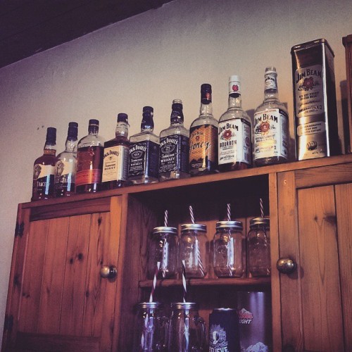drowninginawhiskeyriver:  My whiskey collection. #buffalotrace #bulleitbourbon #jackdanielshoney #jackdaniels #jimbeam #whiskey #bourbon
