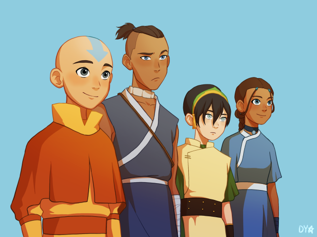 Digital art of Aang, Sokka, Toph, and Katara looking forward. They are drawn in the style of The Dragon Prince. 