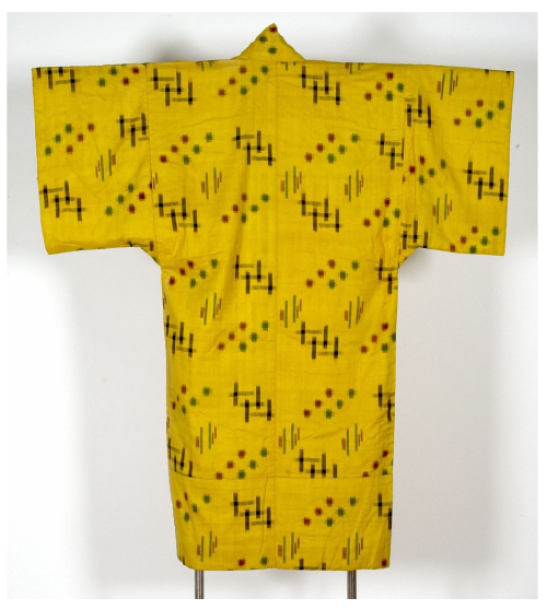 Winter Robe With Red, Green, And Blue-Black Kasuri (Ikat) Designs On Yellow Ground - Late Edo period