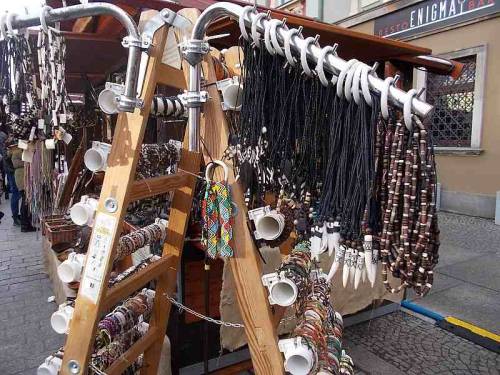 Various merchandise offered on Christmas market 2021 in the city Wroclaw, Poland.