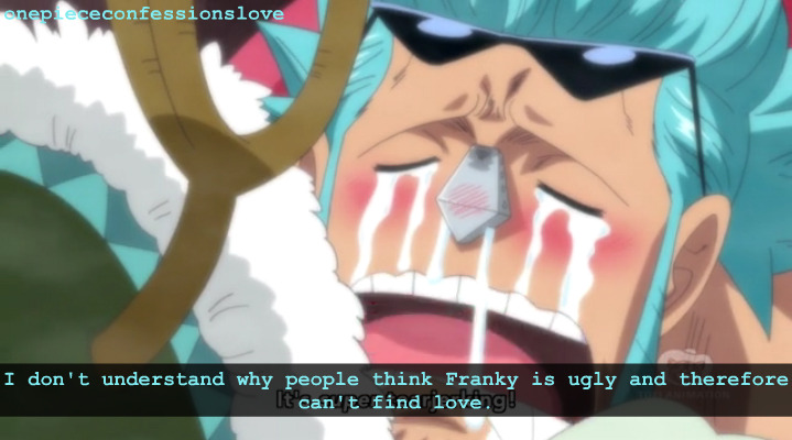 Full Confession:
“ I don’t understand why people think Franky is ugly and therefore can’t find love. He is still half-human and deserves happiness just like anyone else. Thank God that wasn’t Luffy’s criteria for a shipwright or the Sunny wouldn’t...