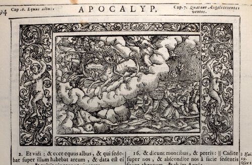 Apocalypse - wood engraved illustration of the Four Horsemen and the rain of fire.. Venice 1727 