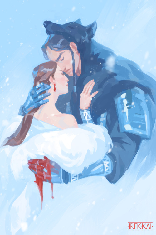 A digital, semi-realistic painting of Xiao Chiye and Shen Zhechuan from the novel Qiang Jin Jiu. They are portaited in half-body, and the painting is mostly blue and white.
Shen Zhechuan's cheeks are pink from the cold. He is wearing his hair down, and has a white fox fur overcoat that slid off his shoulders, showing the nape of his neck and a blood-red earring hanging from his ear.
Xiao Chiye is wearing heavy plate armor and a dark grey wolf pelt on his head. His hair is tucked behind his ears, with a single braid hanging from his temple. Both of his hands are clad in plate armored gloves, and one hand is covered in blood.
They are standing close, embracing each other, matching vambraces on their arms. Their eyes are closed as snow falls down around them, turning the world white.