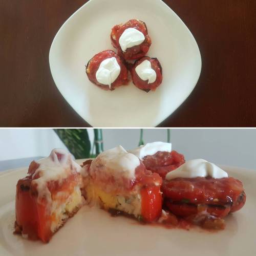 Breakfast! Eggs in bell peppers layered with green onions, cilantro, melted cheese, fresh tomato, sa