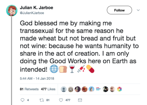 a-queer-seminarian: [ text in the image: a tweet by @JulianKJarboe on twitter: “God blessed me