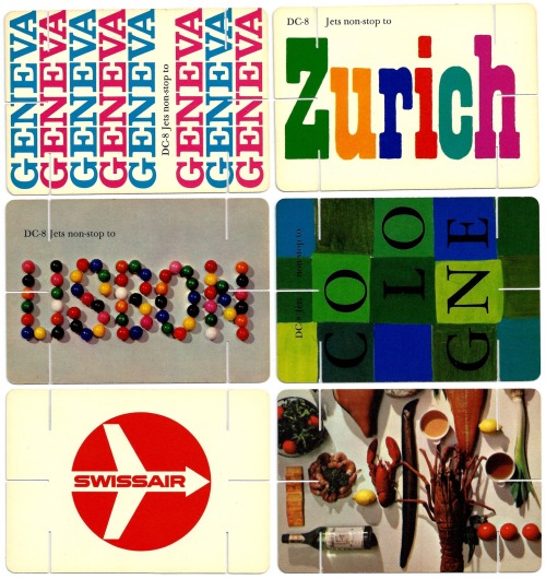 Swissair promotional cards for “on board” gaming, 1960s. Via PastPrint