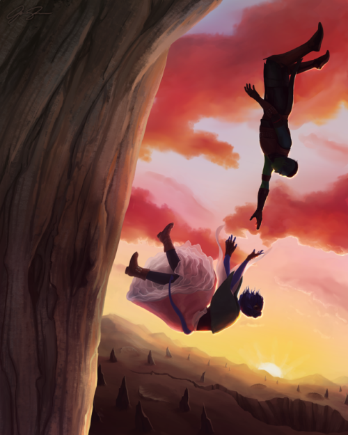 whoopitslup:jessmightwork:Falling.[image id: a digital painting of Jester and Fjord falling from a l