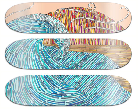 These skateboard decks were designed by Madison Gartner (Digital Arts and Design, 2013 graduate).