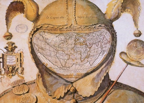 thegildedrage: World map contained within the head of a fool.  Circa. 1590.