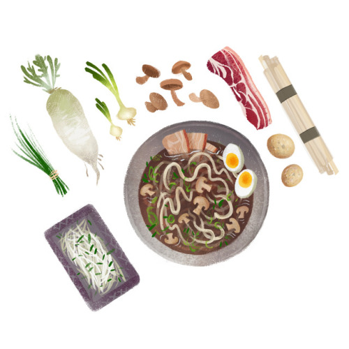 I painted food this week !Third one, udon with dashi broth, spring onions, chives, glazed pork belly