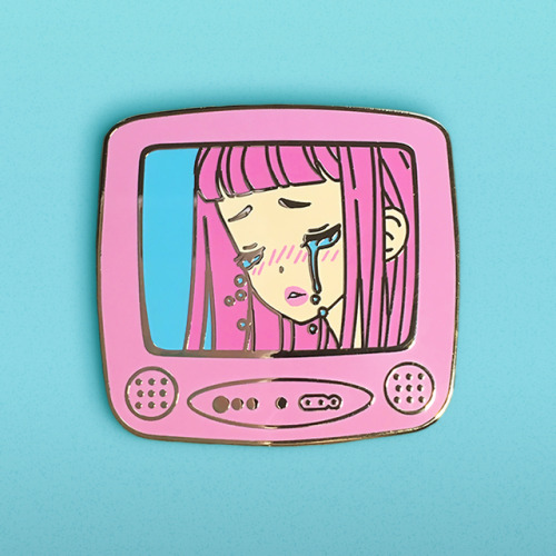Sad Anime. Design and finished product (enamel pin)