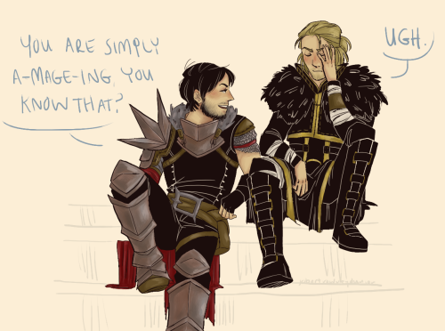 curlyfoureyes:I got this amazing (& gleefully hilarious) art of my Hawke and Anders by the very 