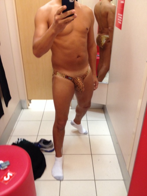nothinghotterthanamaninbriefs:  Stripped down to my leopard print Cocksox in the fitting room.