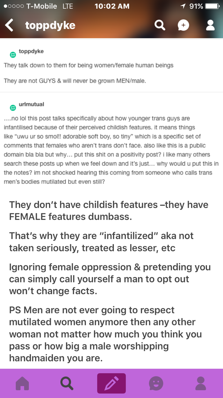 You all see this right? You understand that @toppdyke literally calls women who seek surgery to alleviate mental illness mutilated?? She’s calling another radical feminist a male worshipping handmaiden for BEING MENTALLY ILL!! But you want to support...