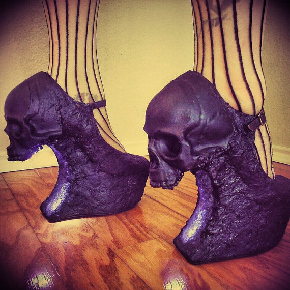 moshita:  Curved “Purgatory” Skull Heelless Wedges  Hand painted and texturized