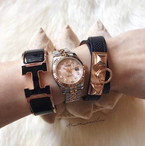 classichermesfashion:  Lovely HERMÈS Clic-Clac and Micro Rivale Bracelet &amp; #Rolex Wat