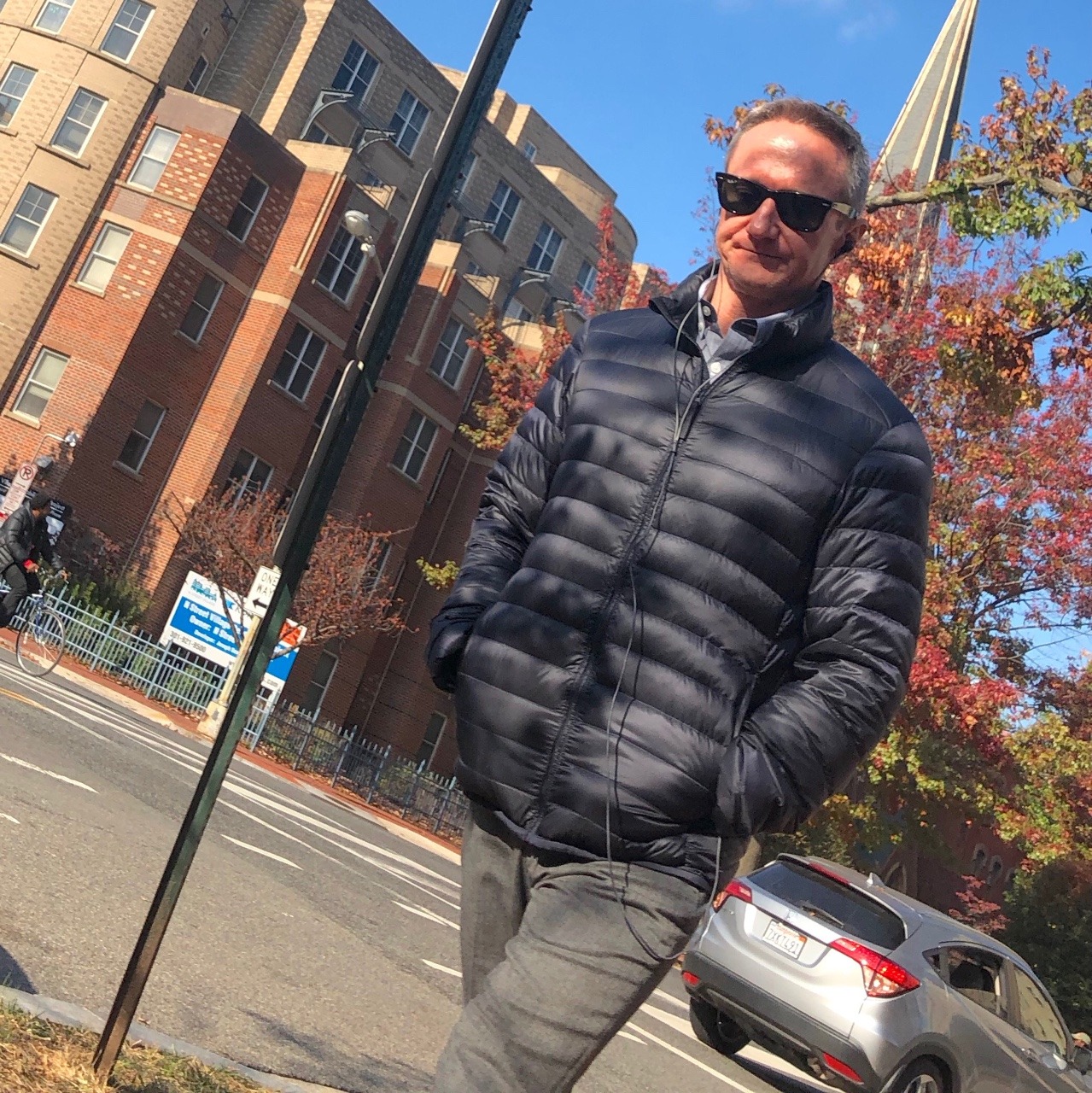 daddiesonthego:  Cool Shades Puffy Jacket Daddy listening to some tunes as he strolls