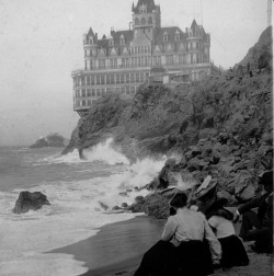 eyesaremosaics: The Cliff house in San Francisco. It burned to the ground not long after this photo was taken. Pictured beyond is seal rock, where the seals used to come to sunbathe. They have since moved due to shark activity in the area. On the other