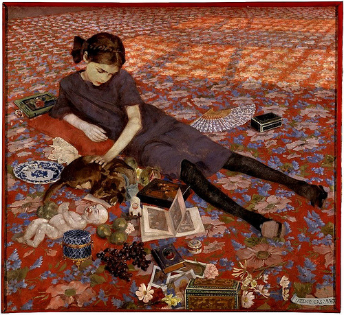 oldpainting:  Click image for 1020 x 936 size. Art Inconnu Felice Casorati, Girl on a red carpet, 19