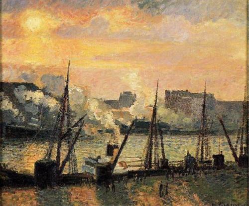 artist-pissarro:Quay in Rouen Sunset, 1896, Camille PissarroMedium: oil,canvashttps://www.wikiart.or