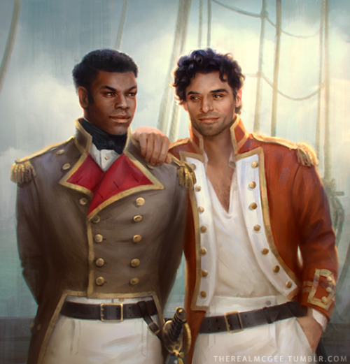 infernallegaycy:therealmcgee:Star Wars Regency AU - Finn and Poe[id: a realistic painting of finn an