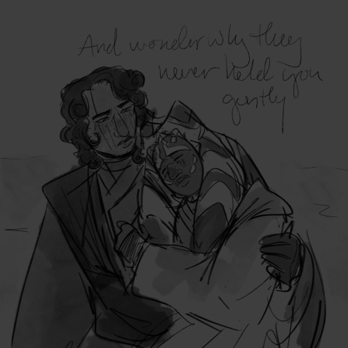 anakin holds a sleeping ahsoka, looking worried