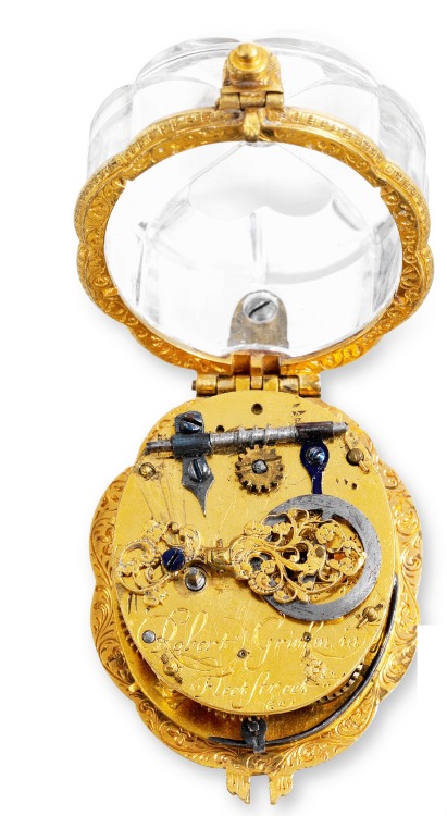 thegildedrage: Gilt brass and rock crystal pendant watch by Robert Grinkin the Younger. C. 1640