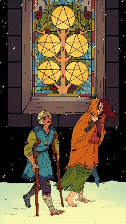 I had a lot of fun doing the window for the 5 of Pentacles card!