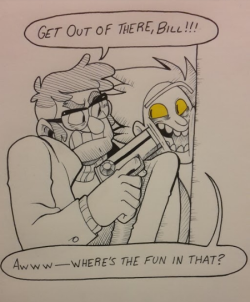fruitycupid:  I wasn’t gonna submit this but jokes on me I’m drunk as shit so i’m gonne put it up anyway ! why is he pointing a gun at ricks head fuck if i know it’s cute tho i love these little shits! 