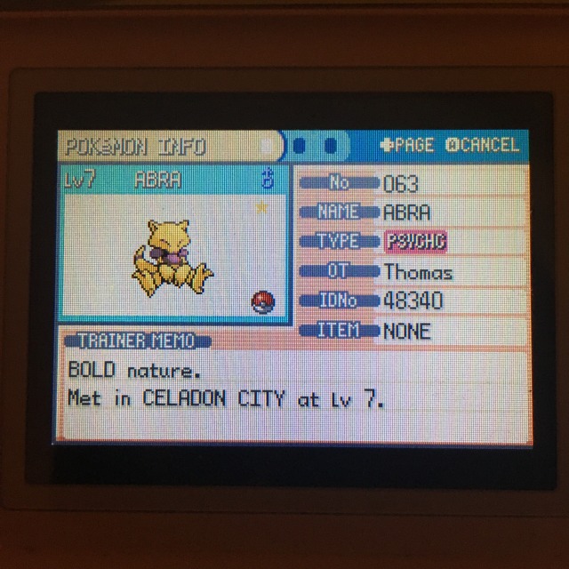 a photo of a shiny abra's summary page in pokemon leafgreen