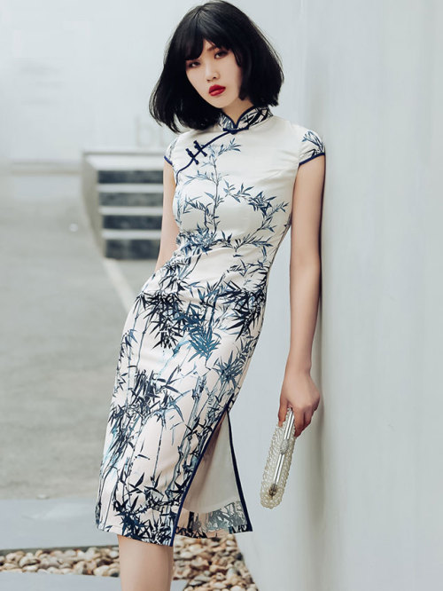 qipaocheongsam:Summer Midi Qipao / Cheongsam Dress in Bamboo Printing